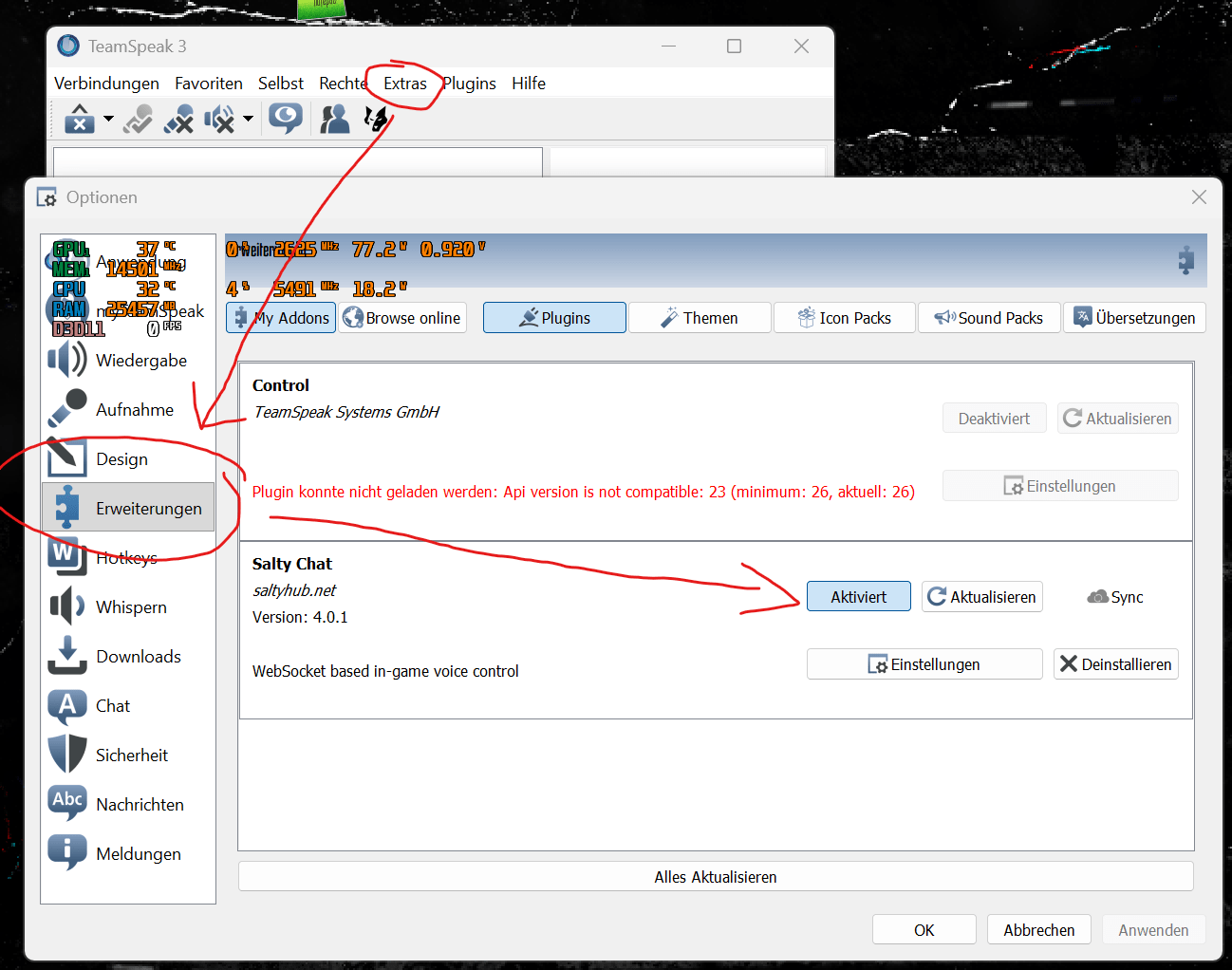 TeamSpeak-Plugin-Übersicht mit aktiviertem SaltyChat